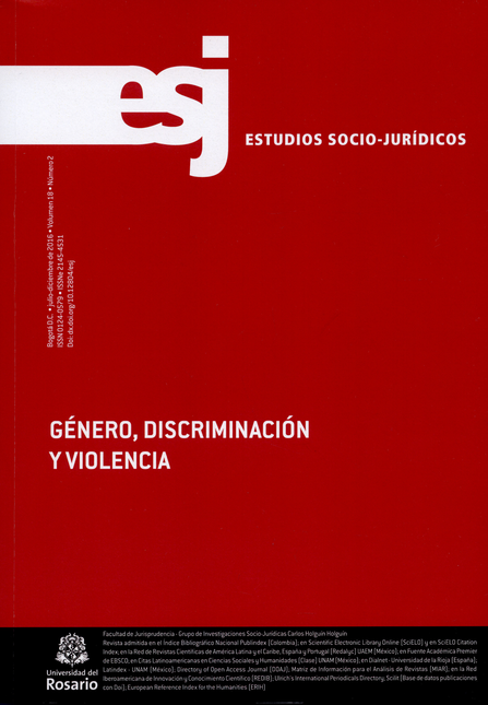 Portada de REV. ESTUDIOS SOCIO-JURIDICOS # 18-2 GENERO, DISCRIMINACION  Y VIOLENCIA